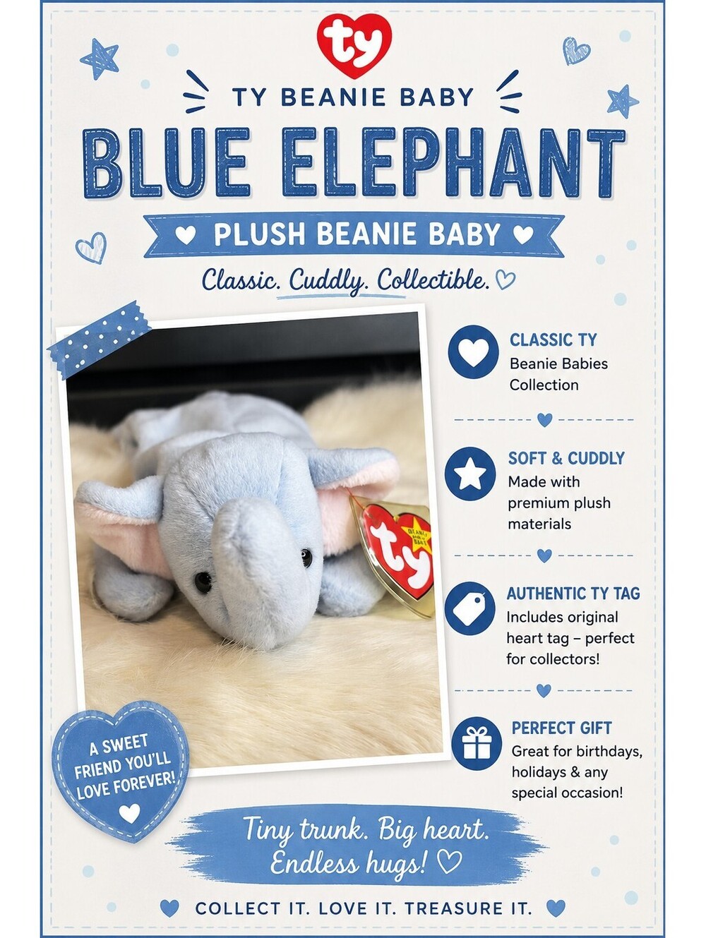 TY Blue Elephant Plush Beanie Baby with Hang Tag
